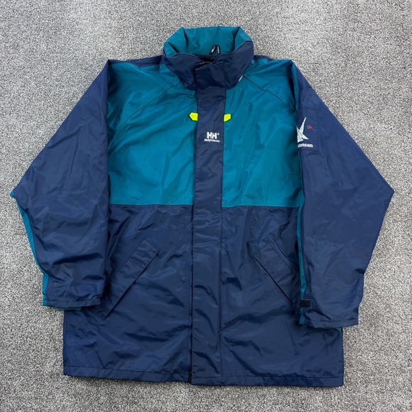 Vintage Helly Hansen Sailing Jacket Mens Medium Teal Blue Waterproof Rain Coat - Picture 1 of 9